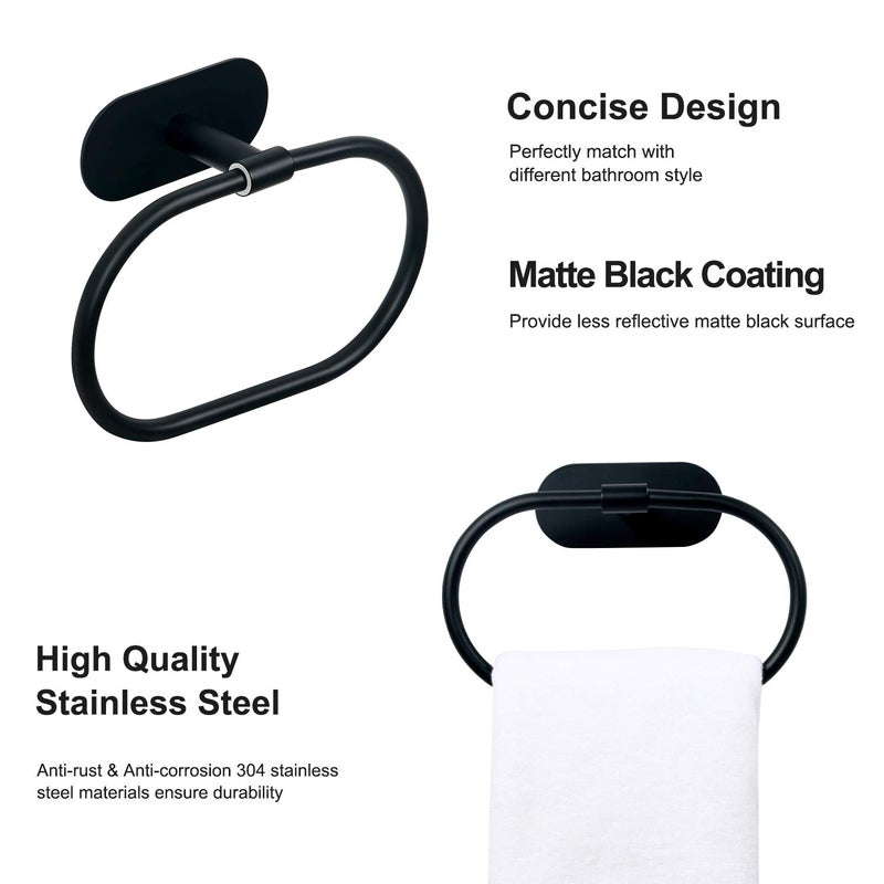HouseAid Self Adhesive Towel Ring for Bathroom, Stainless Steel Adhesive Hand Towel Holder, No Drilling Modern Hand Towel Hanger, Matte Black - Image 4